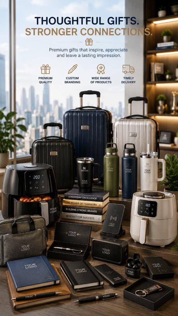 A curated spread of premium branded gifts drinkware, luggage, tech accessories, notebooks and gift sets, each customizable with your logo.