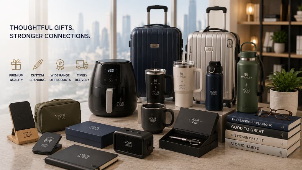 A curated spread of premium branded gifts drinkware, luggage, tech accessories, notebooks and gift sets, each customizable with your logo.